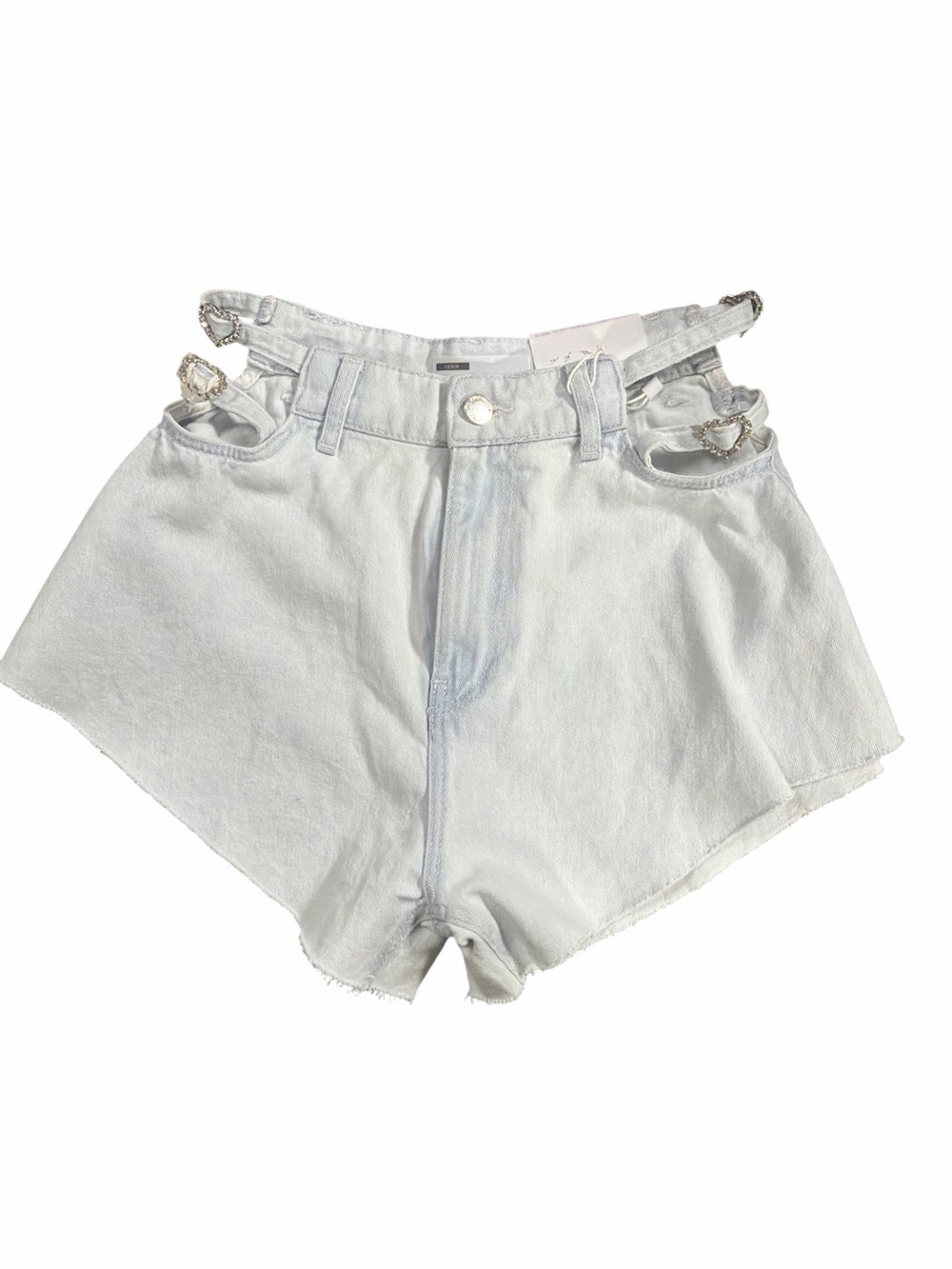 Bershka Light Blue High-Rise Denim Shorts with Heart Buckle Details